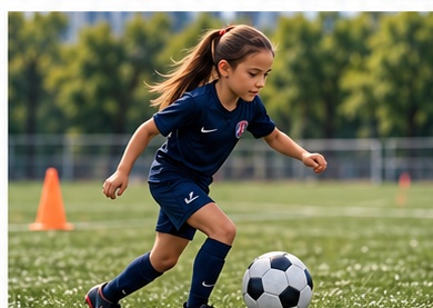 Une jeune joueuse conduit le ballon entre les cônes